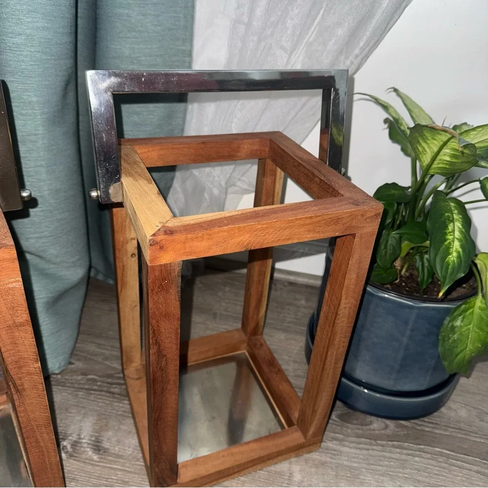 Set of Two Wooden Lanterns Metal Handles Rustic Farmhouse Garden